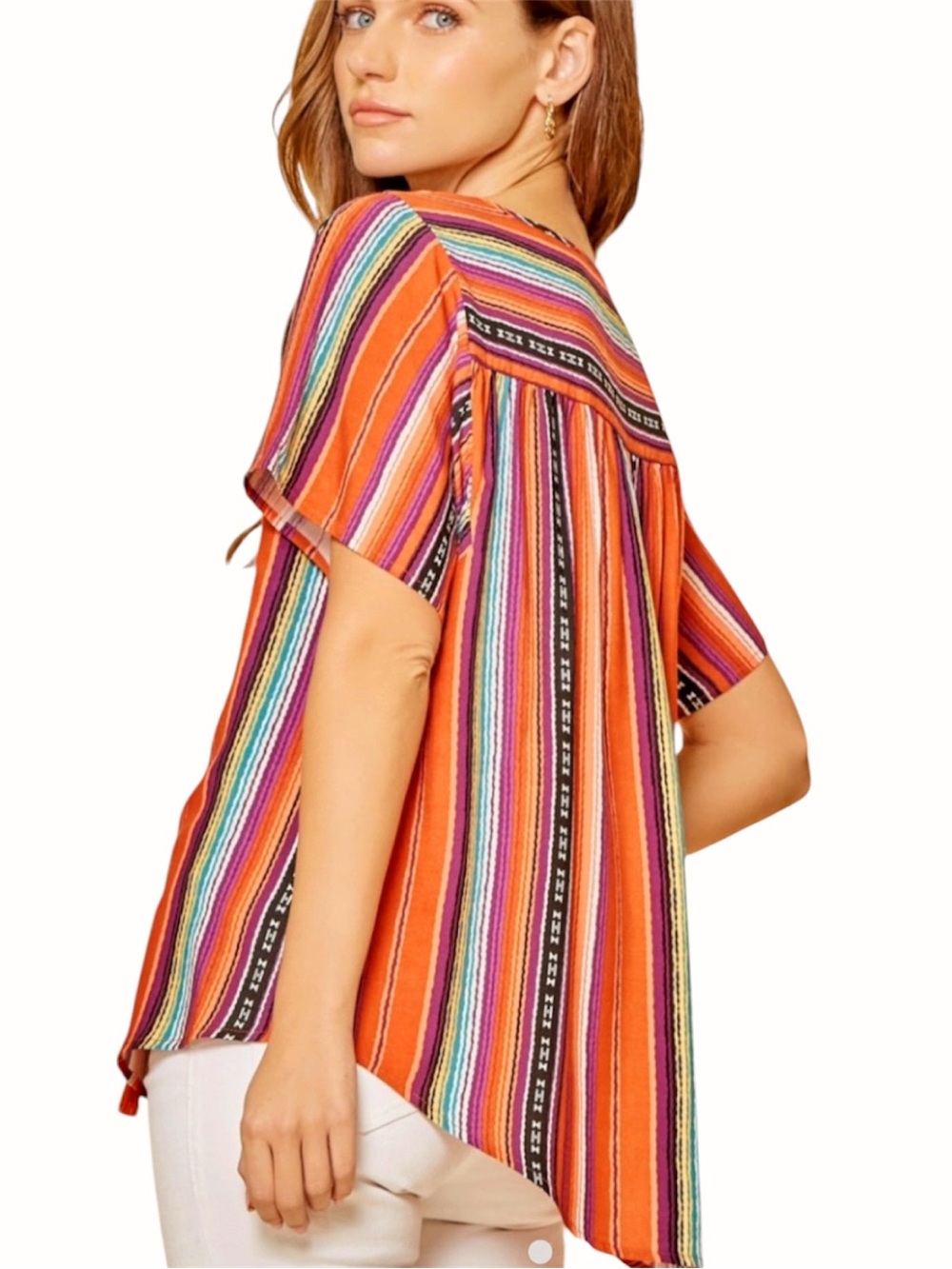 Savanna Jane 1X Embroidered Boho Peasant Top Tassel Tie Striped Floral - Picture 12 of 14